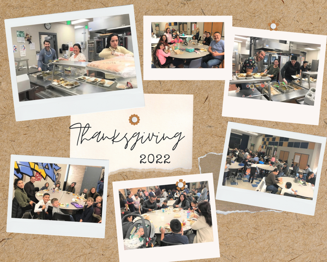 Brown background with white index card and black text that says, "Thanksgiving 2022." Surrounded by six Polaroid type photos of volunteers working in the kitchen and families eating around tables in the cafeteria.