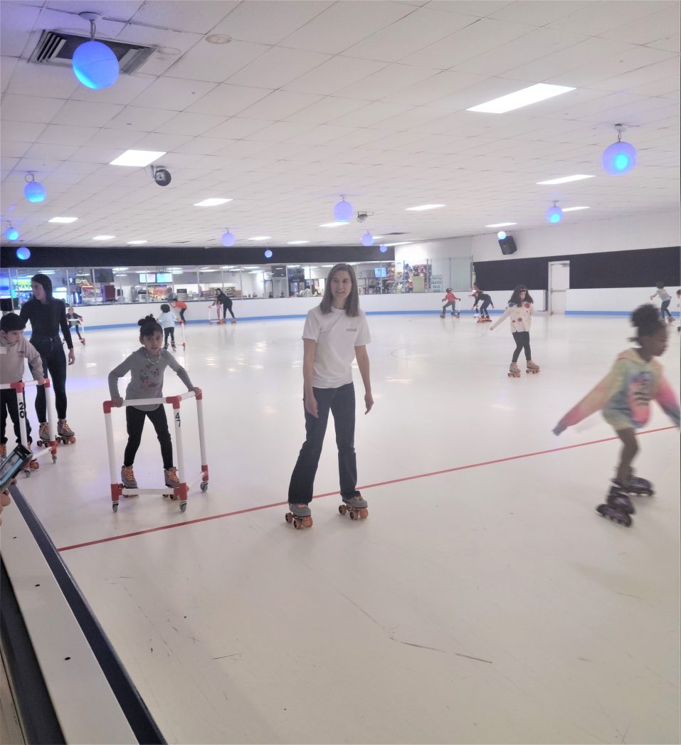 Photos of students roller skating at Skate City roller rink.