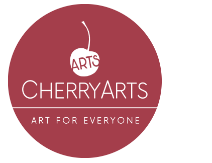 Logo with red circle with the outline of a cherry in white. White text says, "CherryArts Art for Everyone."