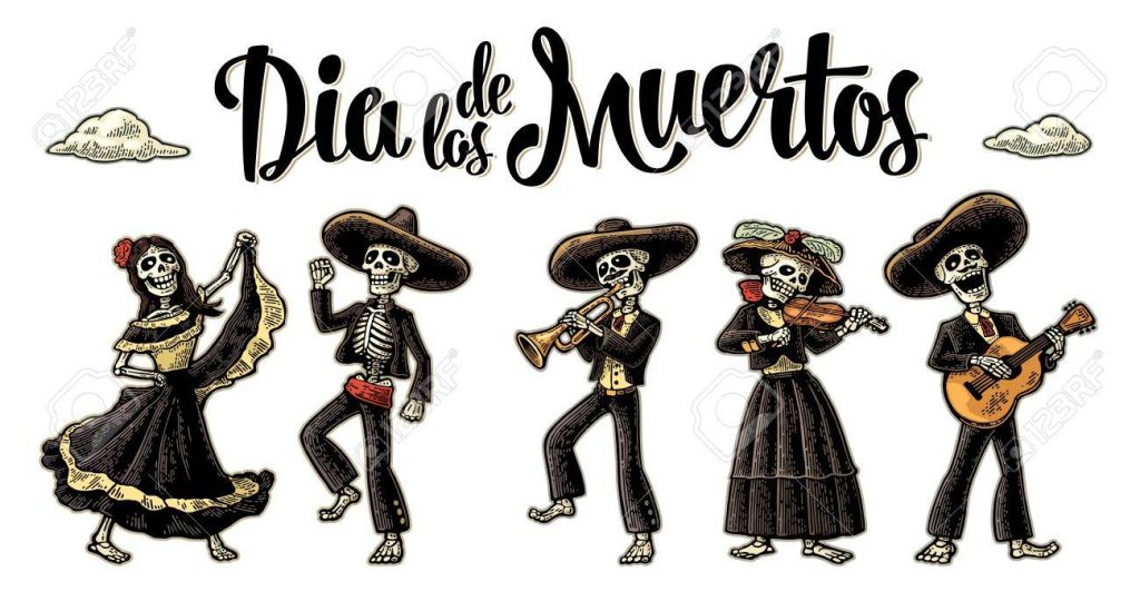 Day of the Dead. The skeleton in Mexican national costumes dance, play the guitar, violin, trumpet. Dia de los Muertos lettering. Vintage vector color engraving illustration isolated white background