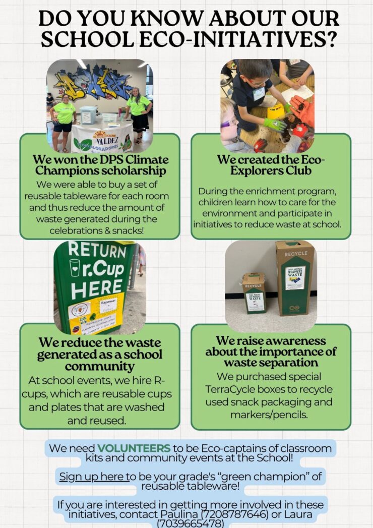 Eco Initiatives flyer, white background with black text and four photos of eco initiatives at school.