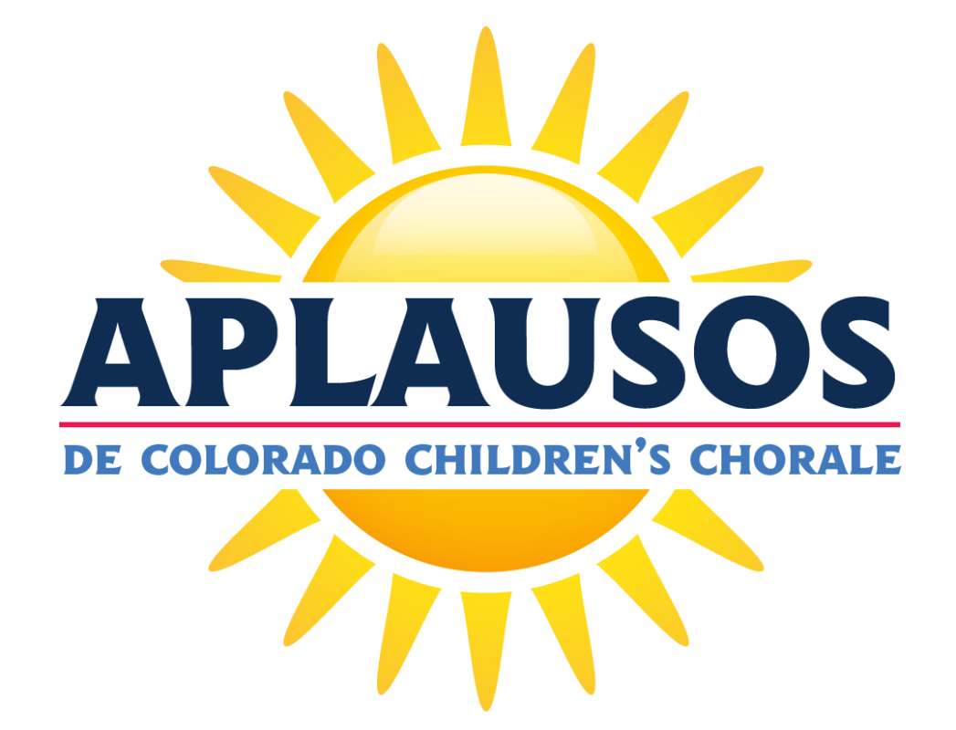 Logo for Aplausos with a yellow sun rising above the word APLAUSOS in dark blue. Underneath in lighter blue text is "De Colorado Children's Chorale"