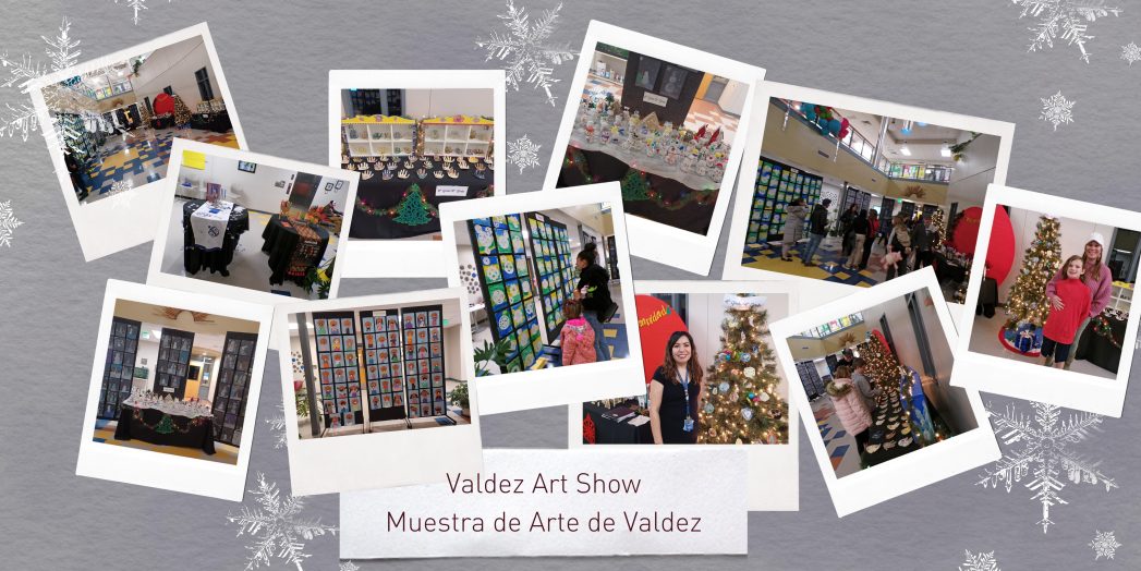Gray background with white snowflakes. Several Polaroid photos with images from the Valdez art show. Black text says, "Valdez Art Show."