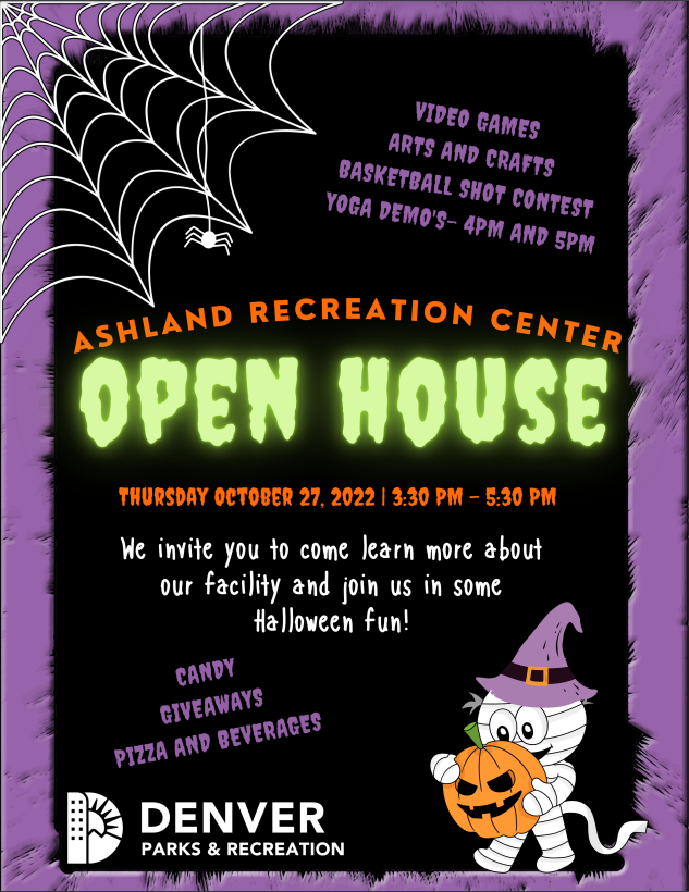 Flyer for Ashland Recreation Center with black background and a white spider web in top left corner. Text says, "Ashland Recreation Center Open House. Thursday, Oct. 27, 3:30-5:30pm. We invite you to come learn more about our facility and join us in some Halloween fun! Candy giveaways, pizza, and beverages!" 
