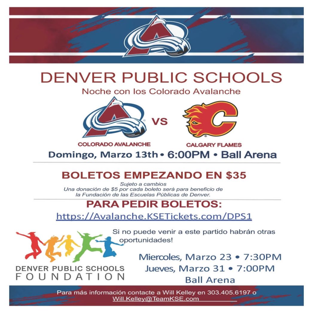 Folleto para la noche de DPS con Colorado Avalanche, domingo 13 de marzo a las 6:00 p. m. en Ball Arena. Los boletos comienzan en $35.