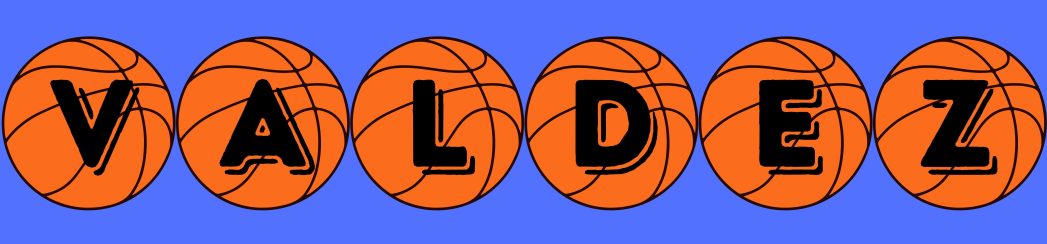 Blue background with 6 orange basketballs with the letters V A L D E Z over the top.