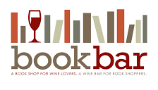 White background with gray and red text saying "bookbar" and "A book shop for wine lovers. A wine bar for book shoppers." Image of a glass of red wine among a shelf of books.