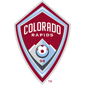 Logo for Colorado Rapids soccer team: red diamond shape with silver text that says "Colorado Rapids" and silver mountains in the background and a soccer ball.