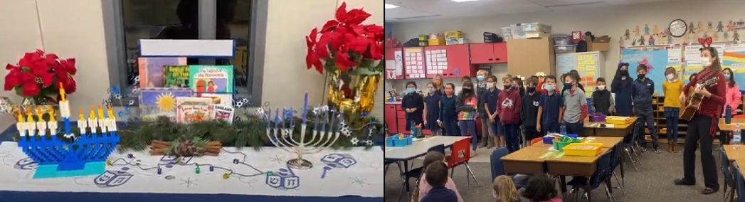 Images of Hanukkah and Christmas celebrations. Two menorahs and poinsettias on a table in one picture. A teacher with guitar and students in a classroom singing.