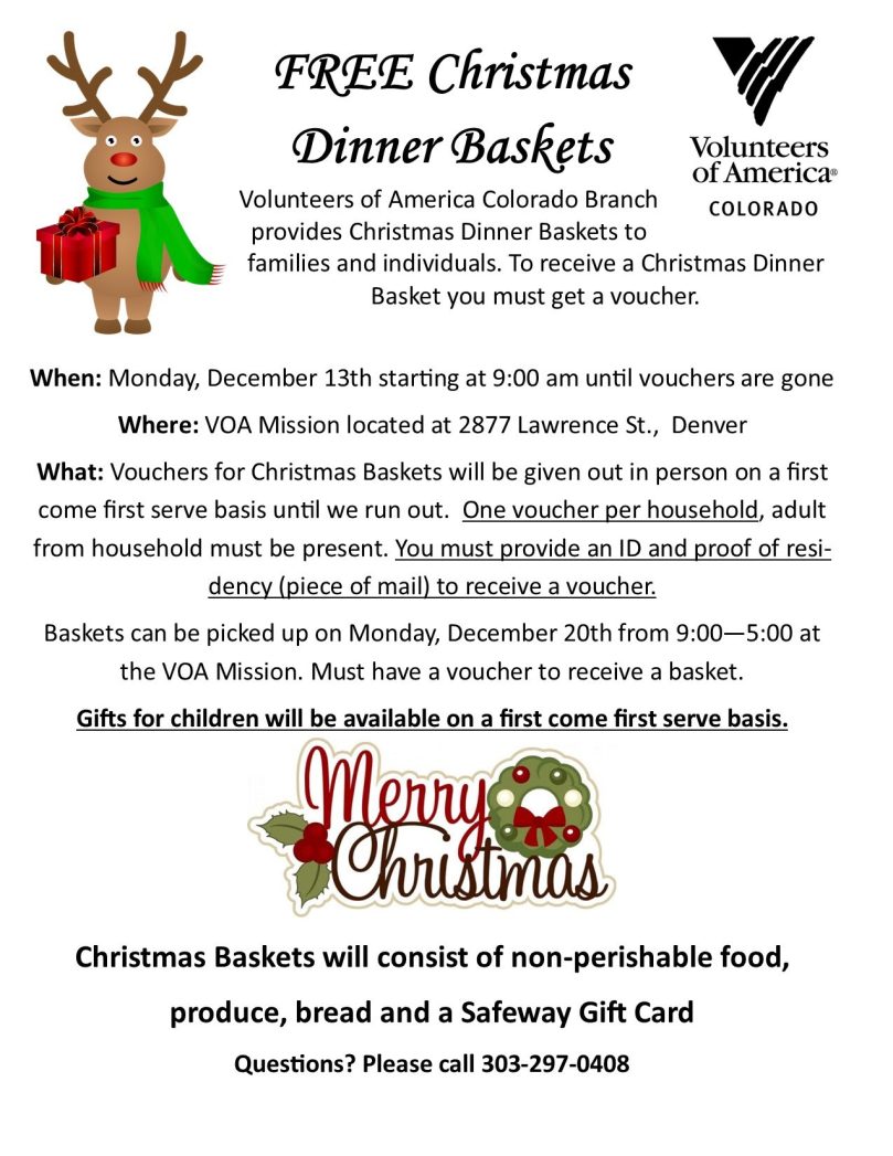 Flyer with details on free Christmas dinner baskets from Volunteers of America with image of a reindeer and the words "Merry Christmas" and a wreath.