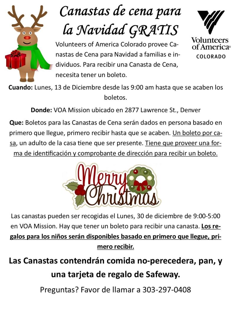 Flyer with details IN SPANISH on free Christmas dinner baskets from Volunteers of America with image of a reindeer and the words "Merry Christmas" and a wreath.
