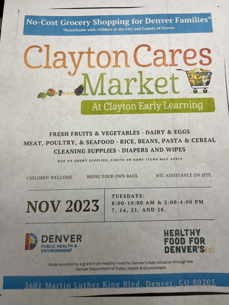 Flyer for Clayton Cares Market at Clayton Early Learning, No-Cost Grocery Shopping for Denver Families