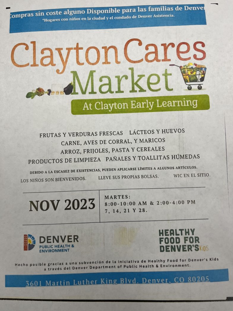 Folleto para Clayton Cares Market en Clayton Early Learning, compras de comestibles sin costo para familias de Denver