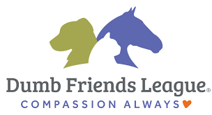 White background with a white silhouette of a cat against olive green silhouette of a dog and blue silhouette of a horse. Text below logo says, "Dumb Friends League. Compassion Always."