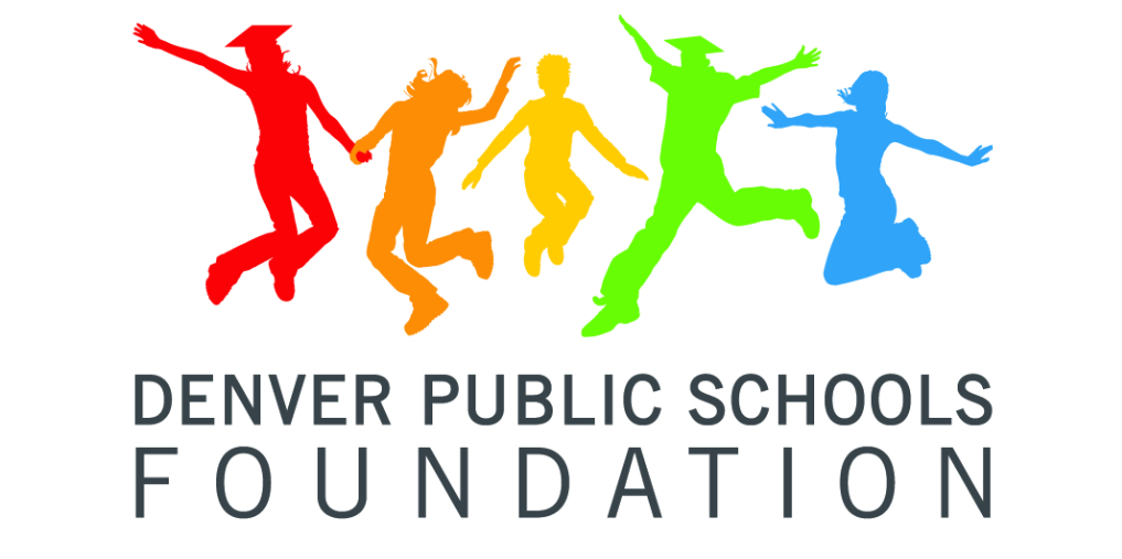 DPS Foundation logo: silhouettes of people jumping and dancing, each in a different color (red, orange, green, blue). Black text below says, "Denver Public Schools Foundation."