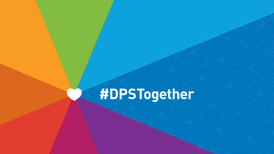 White heart with rainbow colors and text in white: '#DPSTogether