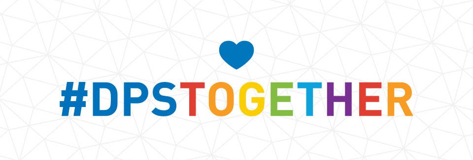 White background with a small blue heart in the center and the text "DPS' in blue and "Together" in assorted rainbow colors.