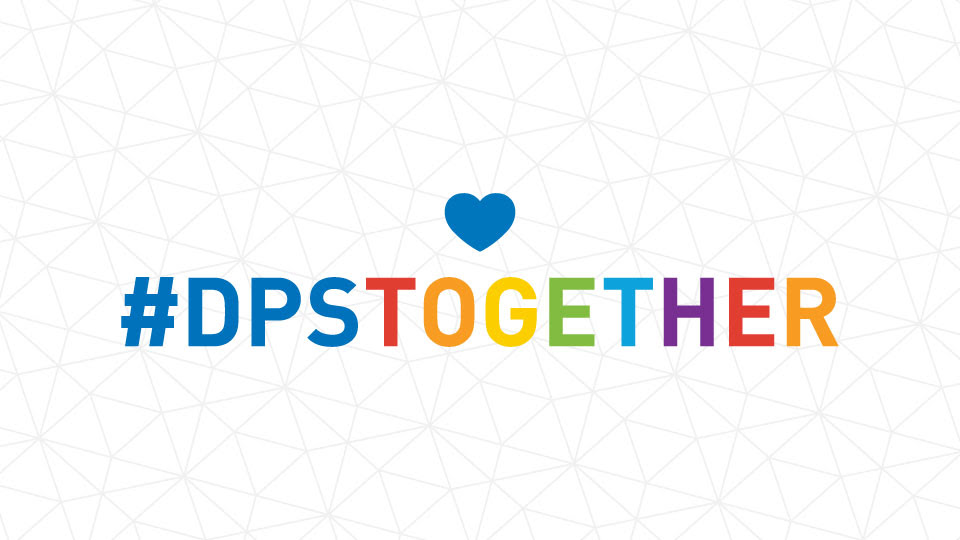 White background with a small blue heart in the center and the text "DPS' in blue and "Together" in assorted rainbow colors.