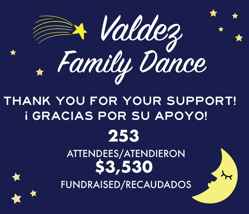 Dark blue background with small yellow stars throughout and a yellow crescent moon in bottom right corner. White text says, "Valdez Family Dance. Thank you for your support! ¡Gracias por su apoyo! 253 attendees/atendieron. $3530 fundraised/recaudados."