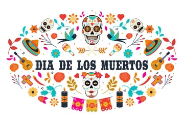 Text says Dia de los Muertos with images of sugar skulls, hats, banners