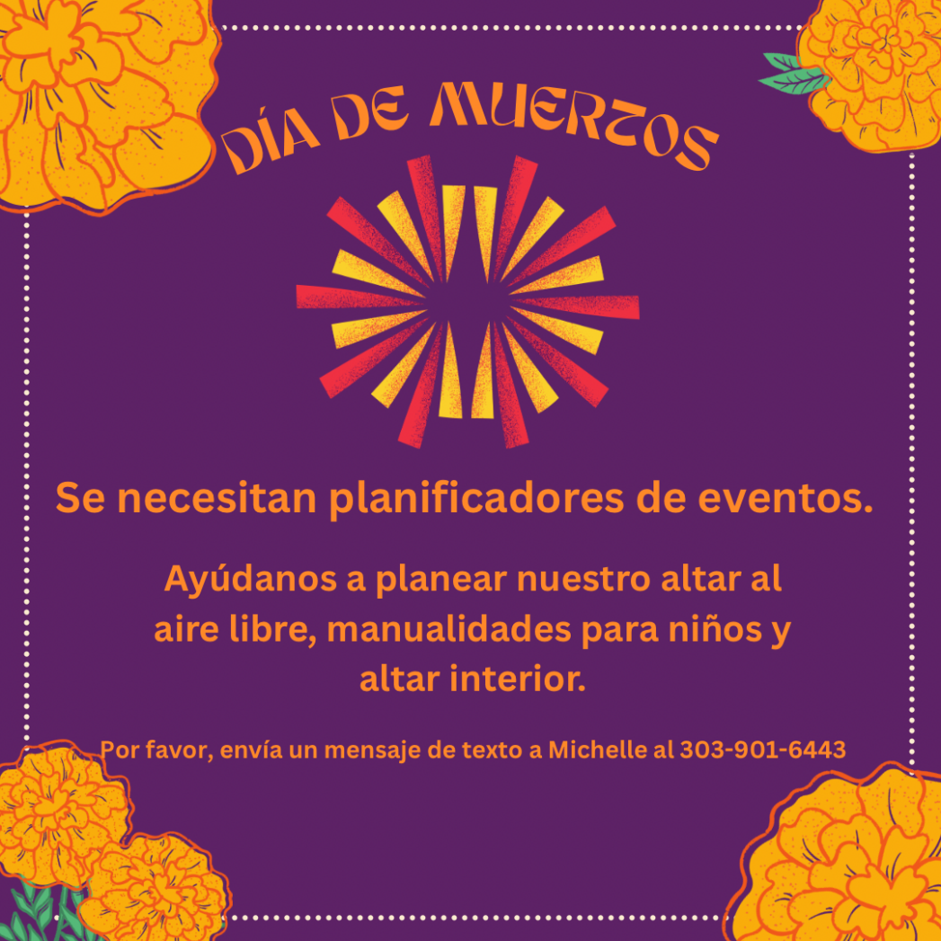 Dia de Muertos purple flyer with orange text
