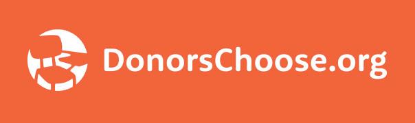 Orange background with white logo of a school classroom chair and white text that says, DonorsChoose.org. 