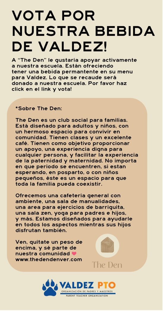 Tan background with black text says, "¡Vota por nuestra bebida Valdez!"