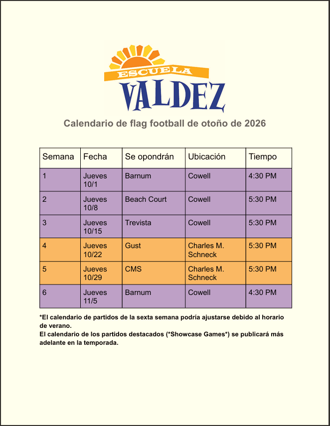 Calendario de flag football de otoño de 2026