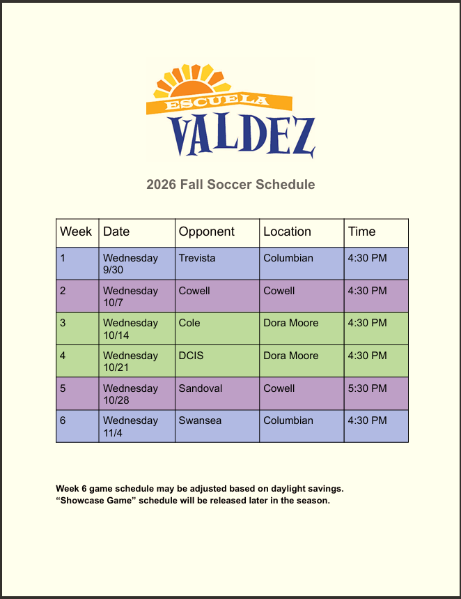 Schedule for fall soccer