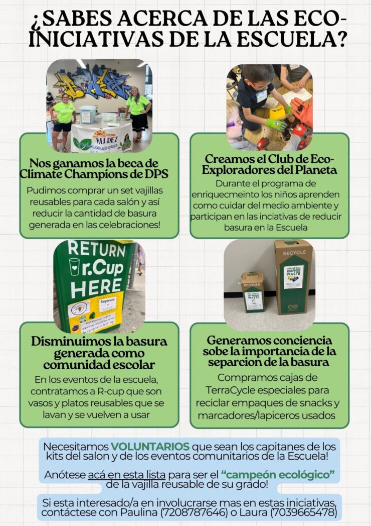 Eco Initiatives flyer, white background with black text and four photos of eco initiatives at school.