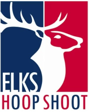 Logo with background left half dark blue, right half red with silhouette of deer with antlers superimposed over the top and text says, "Elks Hoop Shoot."