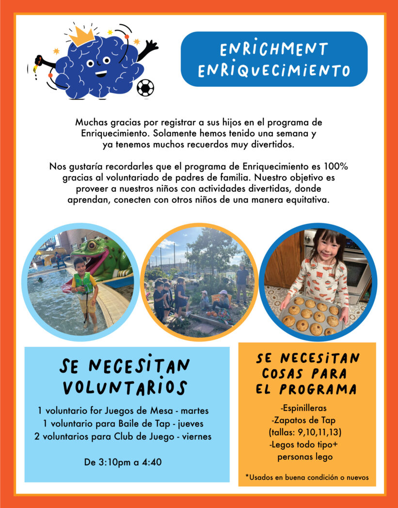 Flyer with orange border and white background with graphic of a blue cloud wearing a gold crown with a smiling face, chasing a soccer ball. Blue bubble with white text says, "Enrichment" and "Enriquecimiento." Black text underneath says, "Muchas gracias por registrar a sus hijos en el programa de enriquecimiento. Solo ha pasado una semana y ya tenemos recuerdos geniales y divertidos. Nos gustaría recordarles a los padres que el programa de enriquecimiento está dirigido al 100 % por padres voluntarios. Nuestro objetivo es brindar actividades para los niños, donde puedan aprender, conectarse con otros niños y divertirse de manera equitativa. Debido a que es un programa dirigido por voluntarios, siempre necesitamos ayuda. A continuación, encontrará algunos artículos y algunas clases que necesitan su apoyo." In the middle of the flyer are 3 photos of students doing enrichment activities. Underneath is a blue box on the left with black text that says, "Se necesitan voluntarios. 1 voluntario para juegos de mesa los martes. 1 voluntario para claqué los jueves. 2 voluntarios para el club de juegos los viernes. De 15:10 a 16:10 h.." To the right is an orange box with black text that says, "Elementos necesarios. Espinilleras. Zapatos de claqué (tallas 9, 10, 11, 13), piezas de Lego de todo tipo y muñequitos de Lego. *Usados ​​con cuidado o nuevos.."