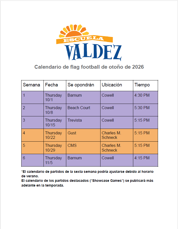 Calendario de flag football de otoño de 2026
