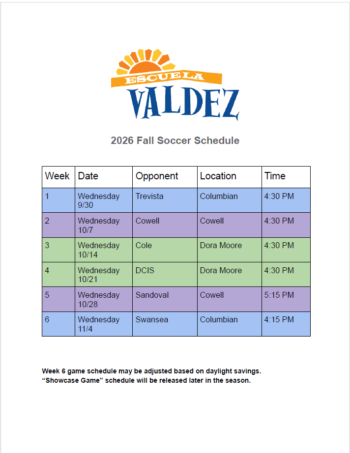 Schedule for fall soccer