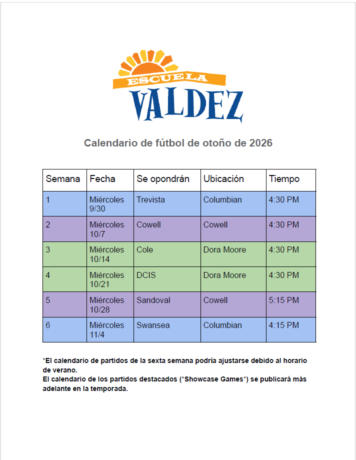 Calendario de fútbol de otoño de 2026