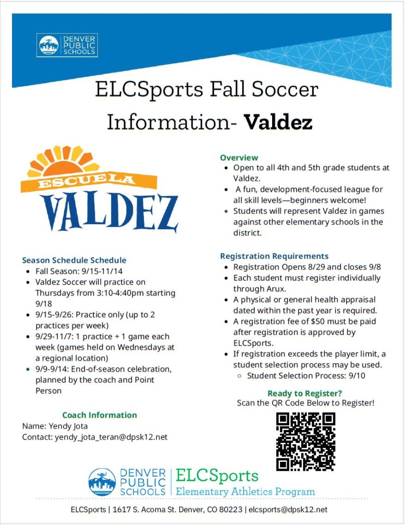 White flyer with blue text, "ELCSports Fall Soccer Information: Valdez"