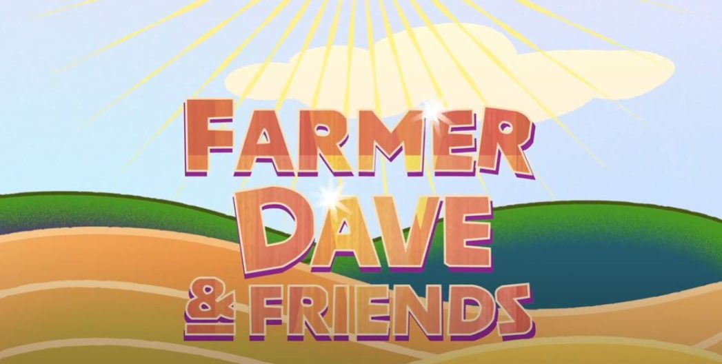 Logo for Farmer Dave & Friends with sunlight shining down and a field in the background
