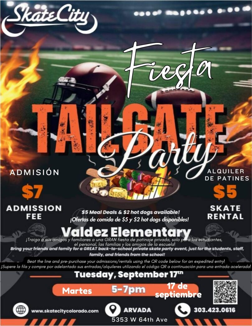 Background is a football scene with top half a green football field and bottom half black with white text. Blue text at top says, "Skate City Tail Gate Skate Party. Valdez Elementary. Bring your friends and family for a GREAT private school skate party event, just for the students, staff, family and friends from the school. Admission fee $7. Skate rental $5. $5 meal deals and $2 hot dogs available. Tuesday, September 17th, 5-7 pm."