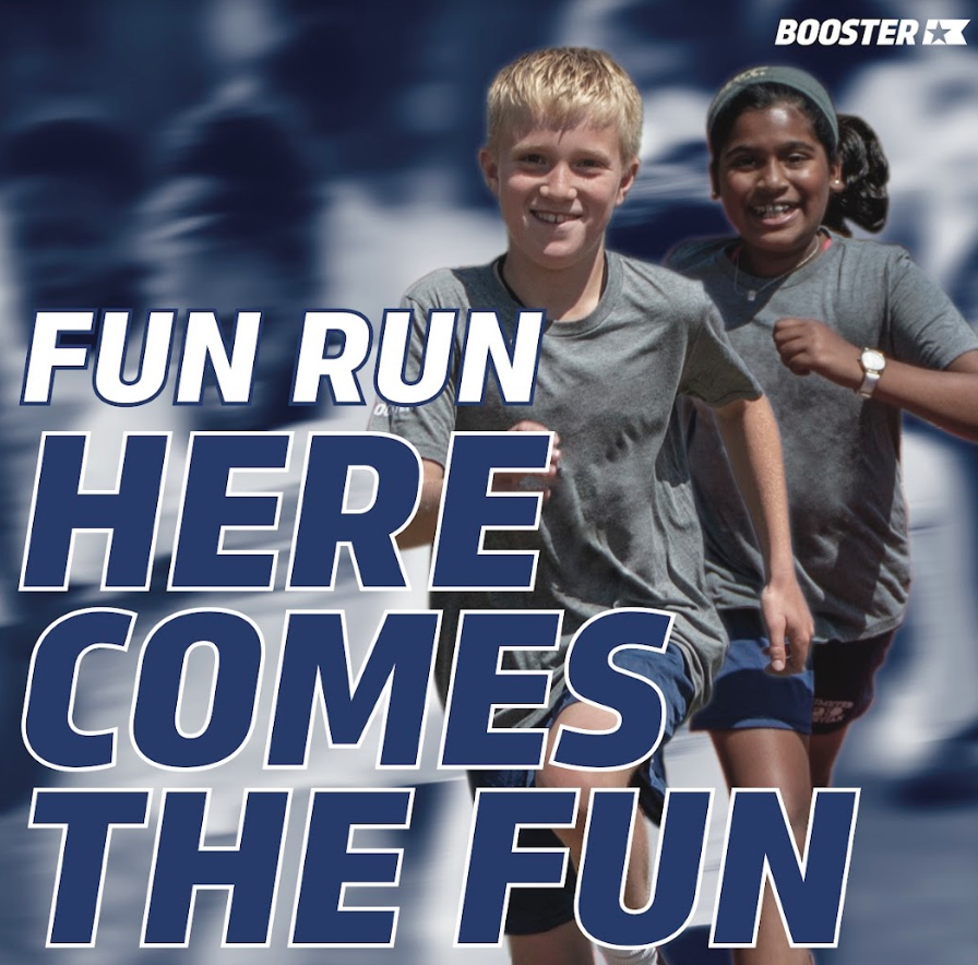 Text says "Fun Run" in white and "Here Comes the Fun" in dark blue. Background is children running.