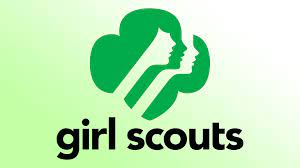 Light green background with darker green Girl Scouts logo. Black text under logo says, "girl scouts." 