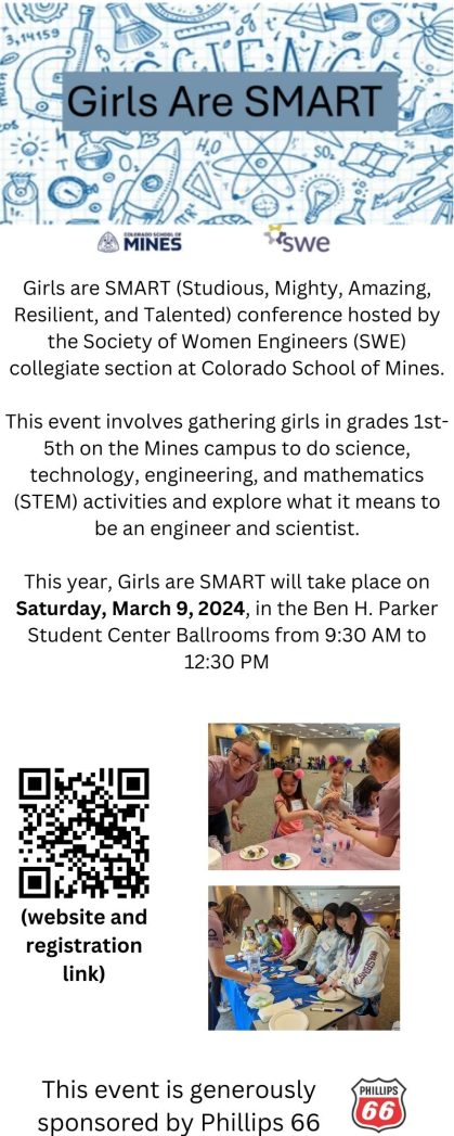 Top banner has outlines in blue of science-related images (a rocket ship, beaker, test tube, lightbulb, etc) and text in black says, "Girls are SMART." Blue text below says, "Girls are SMART (Studios, Mighty, Amazing, Resilient, and Talented) conference hosted by the Society of Women Engineers (SWE) collegiate section at Colorado School of Mines. This event involves gathering girls in grades 1st-5th on the Mines campus to do science, technology, engineering, and math (STEM) activities and explore what it means to be an engineer and scientist. This year Girls are SMART will take place on Saturday, March 9, 2024 in the Ben H. Parker Student Center ballrooms from 9:30AM to 12:30PM." Below to left is a QR code and text, "(website and registration link)" and on the right 2 photos of girls at the camp. Black text at bottom says, "This event is generously sponsored by Phillips 66" with the company logo to the right.