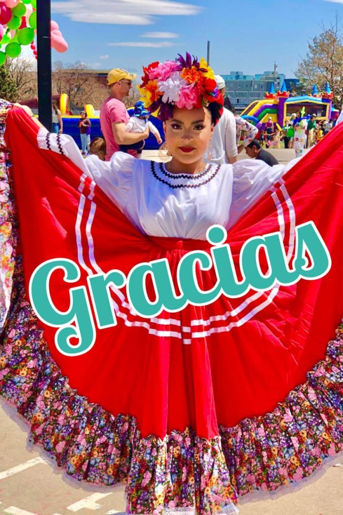 Image of a girl holding up the edges of her red skirt and the word "Gracias" is superimposed over the top.