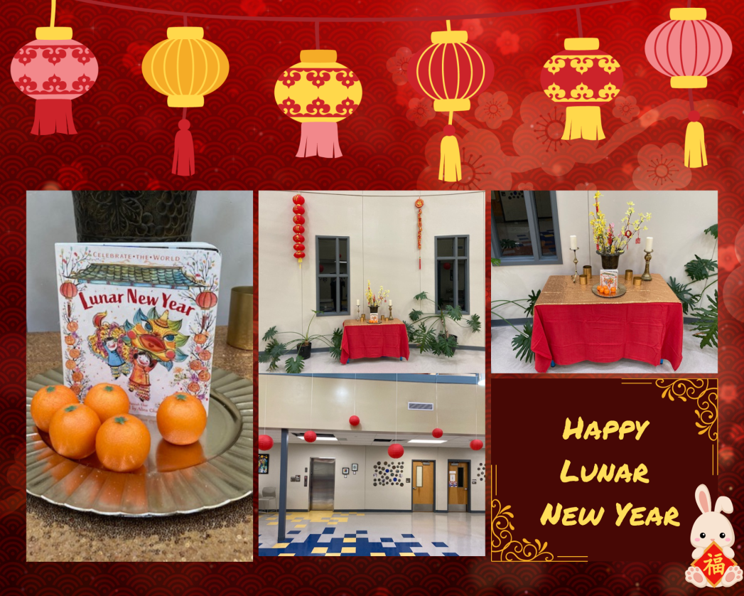 Red background with a string of gold Chinese lanterns at the top. 6 photo boxes contain photos of a Chinese New Year display and the words in gold, "Happy Lunar New Year!"