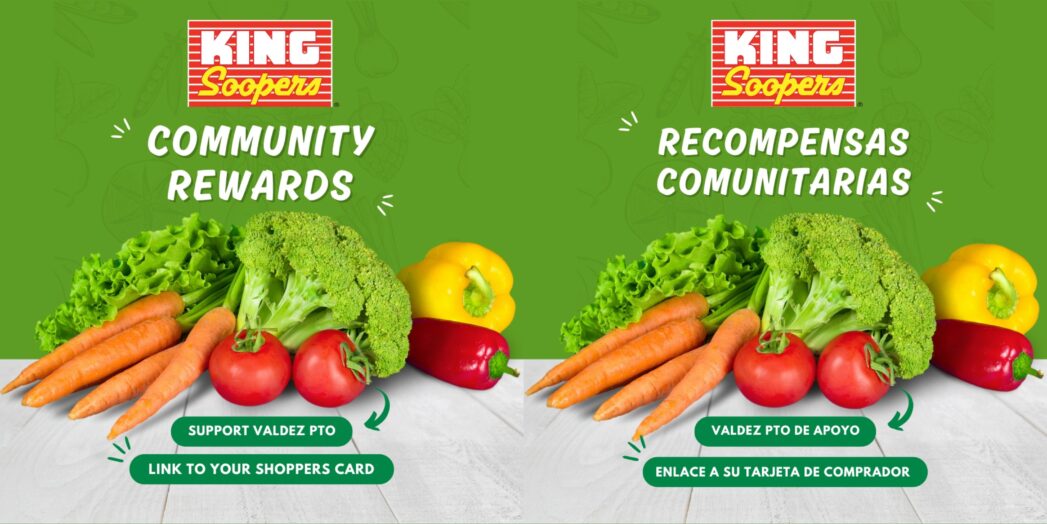 Green background with fresh vegetables in the center and King Soopers logo at top. White text says, "Community Rewards" and "Recompensas Communitarias"