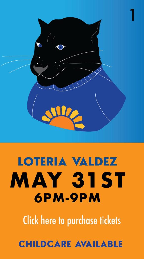 Top third is blue background with graphic of a black panther from the shoulders up wearing a blue Valdez t-shirt with an orange sun on it. Bottom third is orange with white text saying, "Save the date," blue text saying, "Valdez Lotería Night," and black text saying, "May 31st."