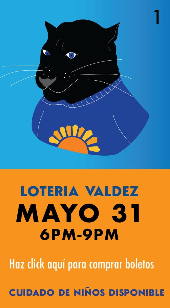 Top third is blue background with graphic of a black panther from the shoulders up wearing a blue Valdez t-shirt with an orange sun on it. Bottom third is orange with white text saying, "Reserva la fecha," blue text saying, "Noche de Lotería Valdez," and black text saying, "31 de mayo."