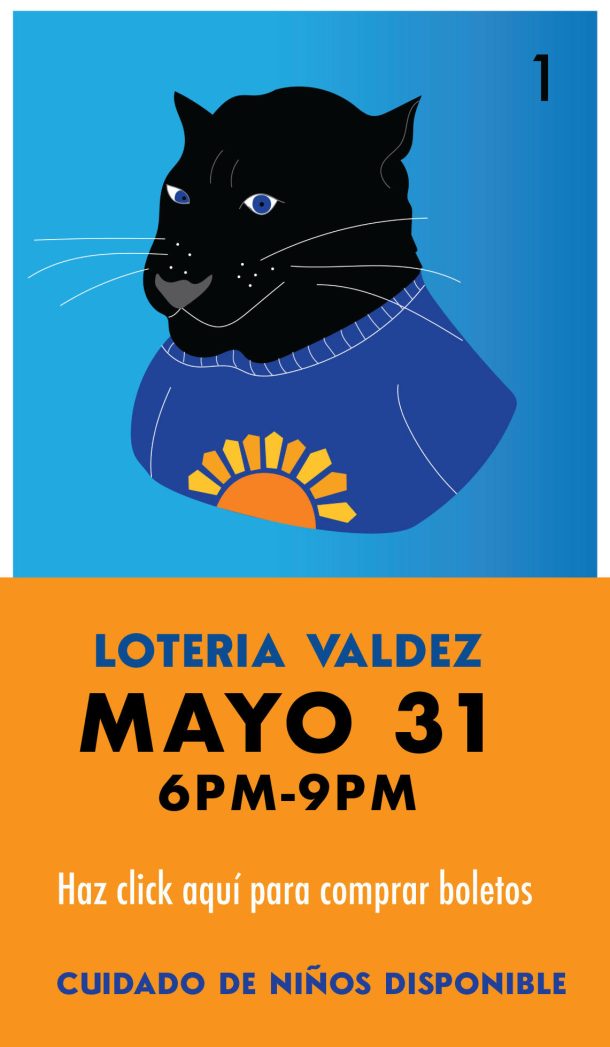 Top third is blue background with graphic of a black panther from the shoulders up wearing a blue Valdez t-shirt with an orange sun on it. Bottom third is orange with white text saying, "Reserva la fecha," blue text saying, "Noche de Lotería Valdez," and black text saying, "31 de mayo."