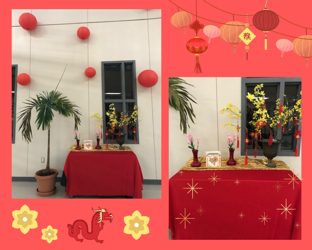 Photos of Lunar New Year display on red background. Tables with red cloths and decorations.
