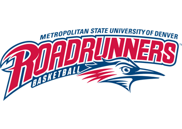 Logo for Metro State basketball team shows a graphic of a roadrunner in blue and red with the words "Metropolitan State University of Denver Basketball" in blue and "Roadrunners" in red. 