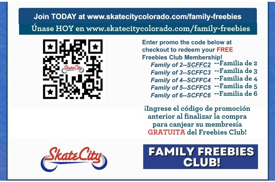 Blue with white stars and red and white stripes banner at top, like an American flag. Underneath in blue text is, "¡Los estudiantes y padres de SU escuela obtienen membresía GRATUITA al Club de regalos familiares de Skate City!" Underneath is the Skate City logo in red. At bottom is blue text that says, "YOUR school's students and parents get FREE membership to the Skate City Family Freebies Club!"